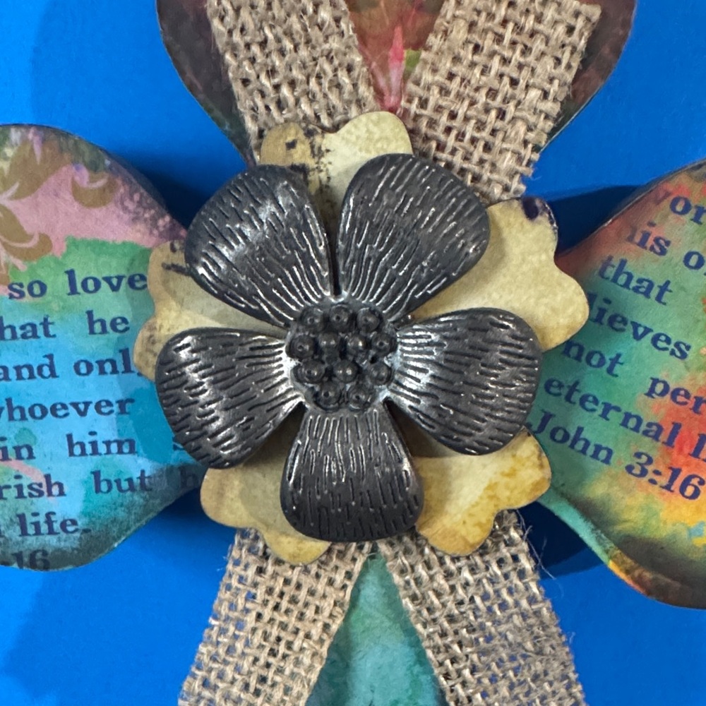 Colorful Decorative Cross with Burlap and Flower Accent - Picture 2 of 5